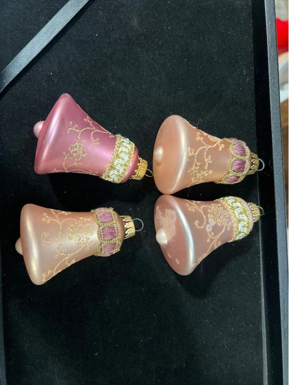 4 vintage Christmas by Krebs pink glass bell ornaments